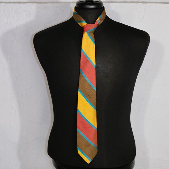 Christian Dior Vintage Yellow, Brown & Red w Blue Digaonal Stripe Silk Neck tie - Picture 1 of 7